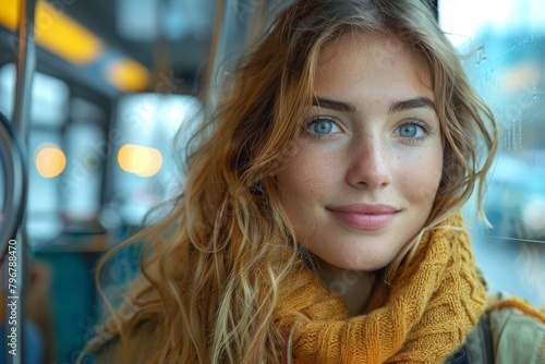 Close-up portrait of a young woman with blue eyes and a yellow scarf, reflected on tram window