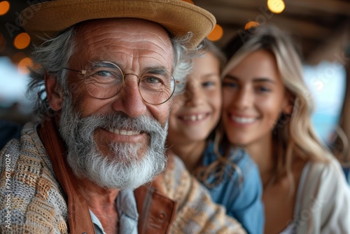 Smiling senior man with a white beard, wearing a hat, surrounded by family members
