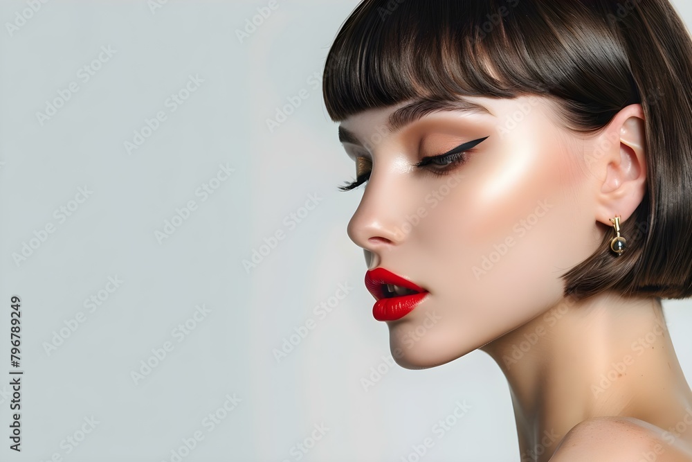 Naklejka premium Profile View of a Fashionable Woman with Gold Earring, Chic Bob Hairstyle, and Flawless Makeup. Concept Fashion, Profile View, Woman, Gold Earring, Chic Hairstyle, Flawless Makeup