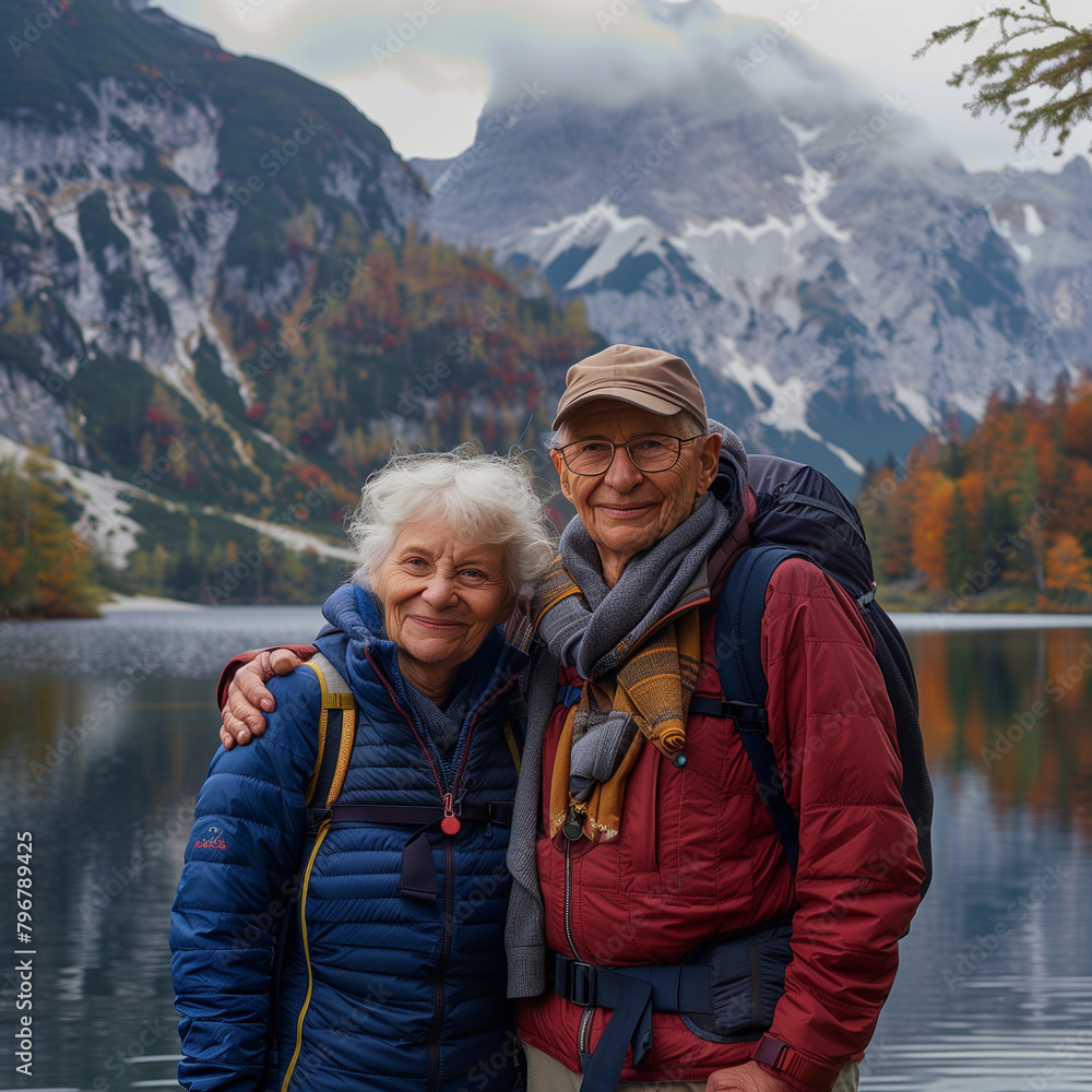 Beautiful active elderly couple hiking together in spring mountains. Senior tourists embracing each other in front of lake,