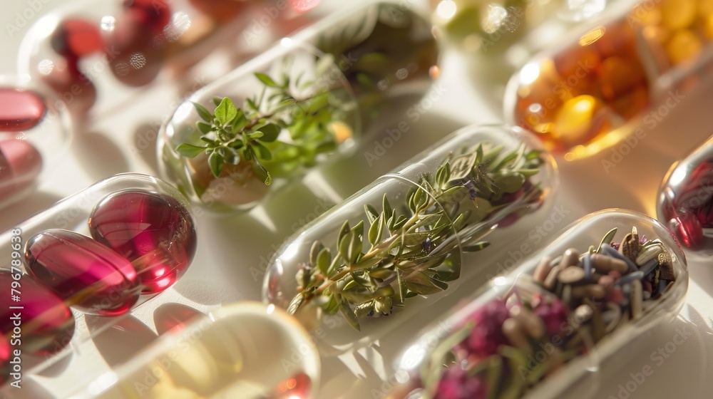 Close-up of transparent capsules filled with various medicinal herbs.