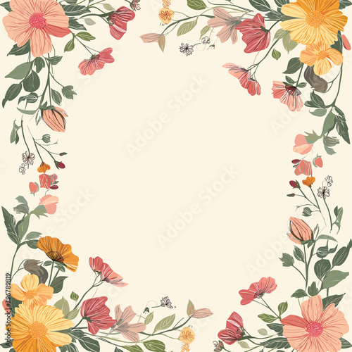 Floral frame  vector illustration with a white background and border featuring hand drawn flowers and leaves in pastel colors. The border design includes floral corner decorations drawn in a simple