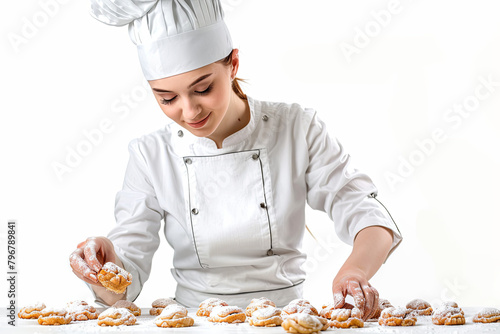 Focused Female Pastry Chef Decorating Delicious Cookies Isolated on White Background
