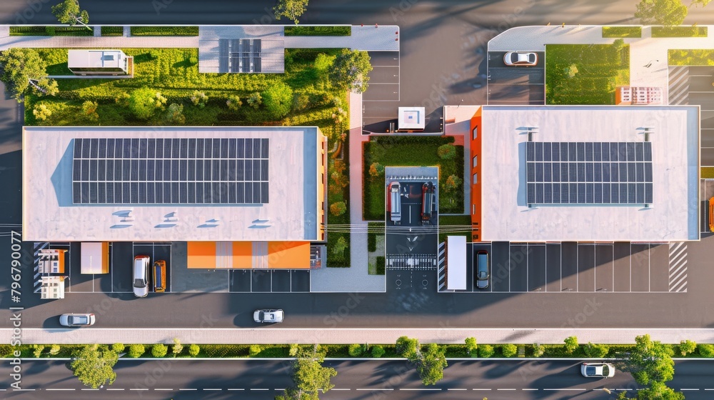 Bird's-Eye View of a State-of-the-Art Factory Featuring Solar Panels on its Roof Bird's-Eye View of a State-of-the-Art Factory Featuring Solar Panels on its Roof