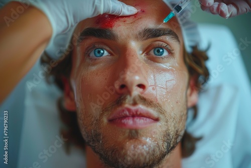 A person undergoing a cosmetic procedure, receiving an injection in the forehead by medical professional photo