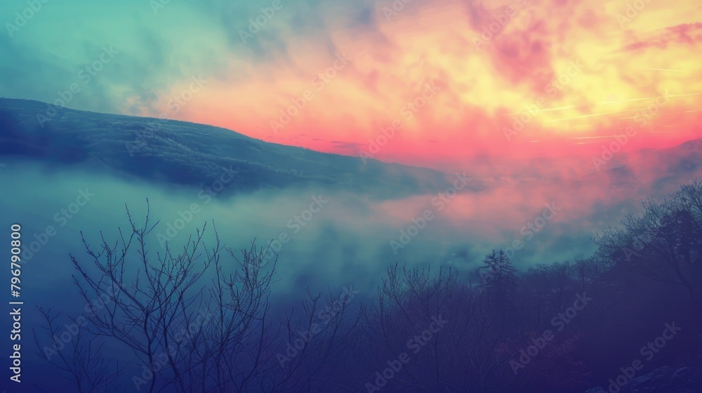 Mountain Sunrise. Panoramic View of Colorful Dawn in Mountains with Vintage Filter