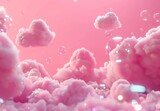 3D character on pink background with clouds, sparkly bubbles.