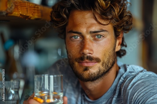 Pensive man with striking features holding a glass of water in a cafe setting, portraying a moment of relaxation