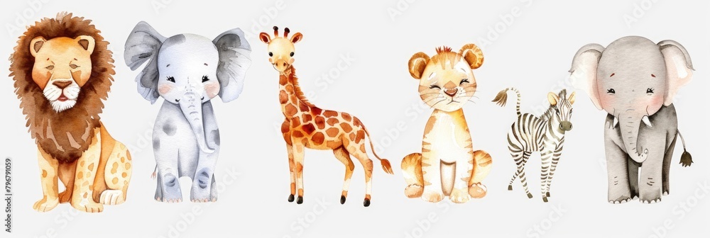 Fototapeta premium Cute Animal Drawing. Watercolor Savannah Animal Set: Giraffe, Elephant, Lion, Zebra