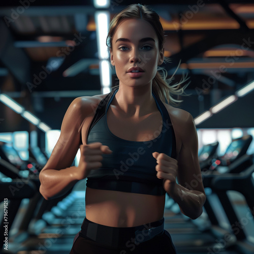 A woman treadmill training running equipment fit machine active workout body man activity athlete cardio run club,