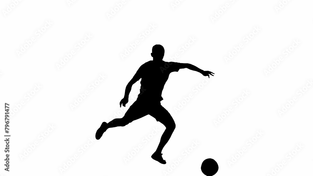 Silhouette of a soccer player isolated on a white background with alpha channel. Professional soccer player strikes the ball. Silhouette of a soccer player isolated on a white background with alpha channel. Professional soccer player strikes the ball.