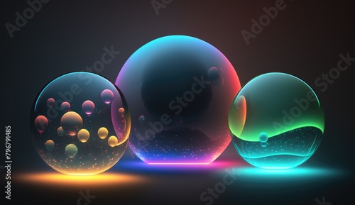 A creative series of glowing orbs, each with a different neon color, floating in a dark, misty atmosphere, AI Generative