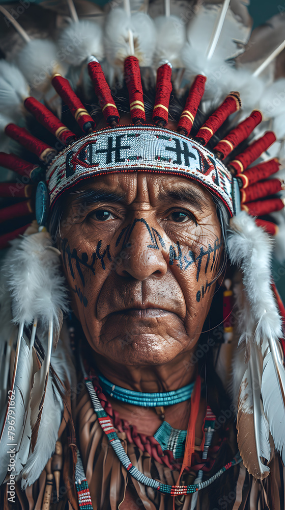 Close up of tribal chief wearing native american headdress