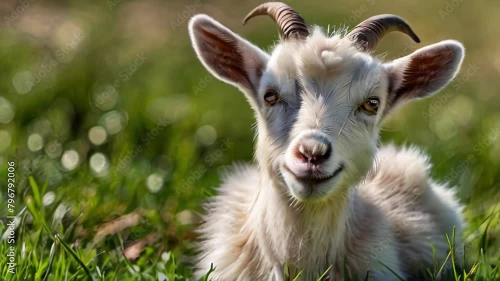 Cute goat kid on green spring grass in sunny day Cute goat kid on green spring grass in sunny day