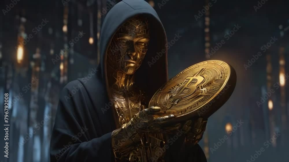 Faceless man in golden mask who developed bitcoin cryptocurrency protocol
