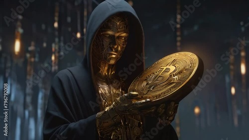 Faceless man in golden mask who developed bitcoin cryptocurrency protocol