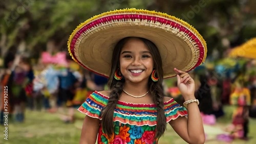 Young and beautiful girl in Mexican sombrero and poncho celebrates a holiday Cinco de mayo