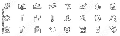 Health checkup hand drawn line icon set. Medical care patient diagnosis icon collection. Editable stroke