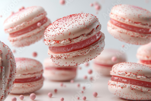 Flying hovering macaroons on a white background.