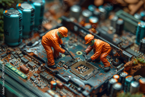 Group of miniature figurines techniques repairing HDD inside PC.