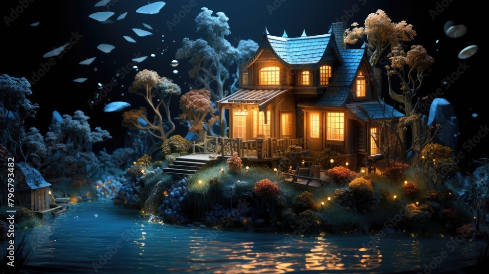 Fototapeta premium a photo small miniature house lit up in the darkness in the style of exotic fantasy landscapes, AI Generative