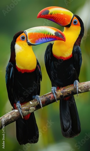 Two colorful birds are perched on a branch photo