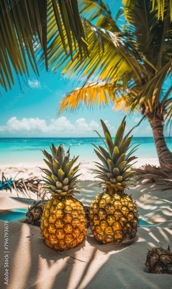 Two pineapples are on the beach, with the ocean in the background