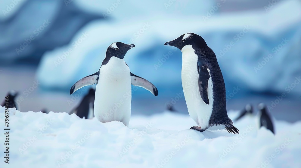 Naklejka premium Two penguins standing on a snowy surface