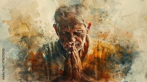 Painted portrait of an old man praying with folded hands