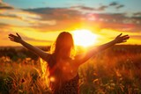 Sunrise People. Happy Woman Silhouette Enjoying Nature with Open Hands Under Summer Sunset Sky