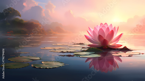 Beautiful pink lotus flower on the water