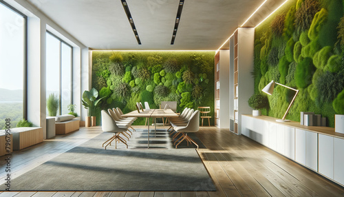 Decorative preserved forest moss on the wall in office interior, environmental design concept