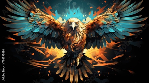 a graphics of a majestic eagle in flight, with its wings spread wide and eyes focused, AI Generative photo