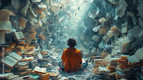 woman in a room full of books. a metaphor for escaping from everyday life into fiction photo