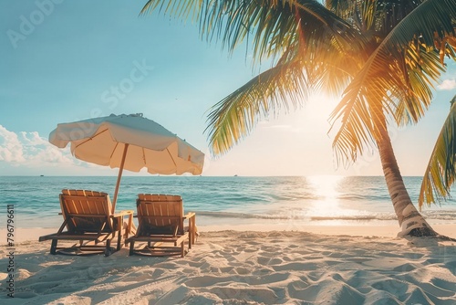Beautiful beach. Chairs on the sandy beach near the sea. Summer holiday and vacation concept for tourism. Inspirational tropical landscape. generative ai.