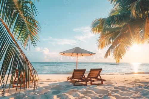 Beautiful beach. Chairs on the sandy beach near the sea. Summer holiday and vacation concept for tourism. Inspirational tropical landscape. generative ai. © SEUNGJIN