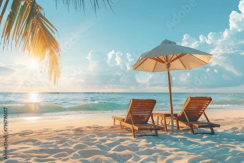 Beautiful beach. Chairs on the sandy beach near the sea. Summer holiday and vacation concept for tourism. Inspirational tropical landscape. generative ai. © SEUNGJIN