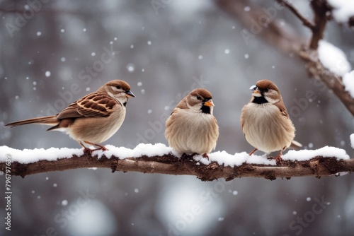  birds funny winter small photo sparrows branch group sit park poses panoramic fferent bird tree sparrow flock pose many to important wild nature new season postcard white happy greeting year beauty 