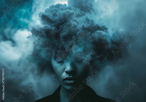 A human's head obscured by a dark cloud labeled AI