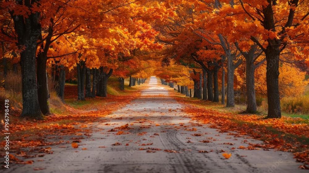 Fall Foliage Trees. Serene Autumn Landscape with Trees along Driveway