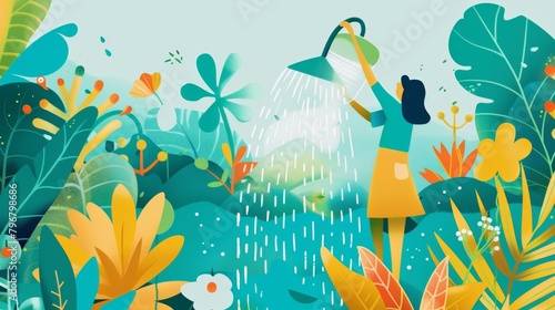 An eyecatching flyer with a playful illustration of a person watering a plant with a showerhead reminding people to Use Water Wisely Be Water Wise.. photo
