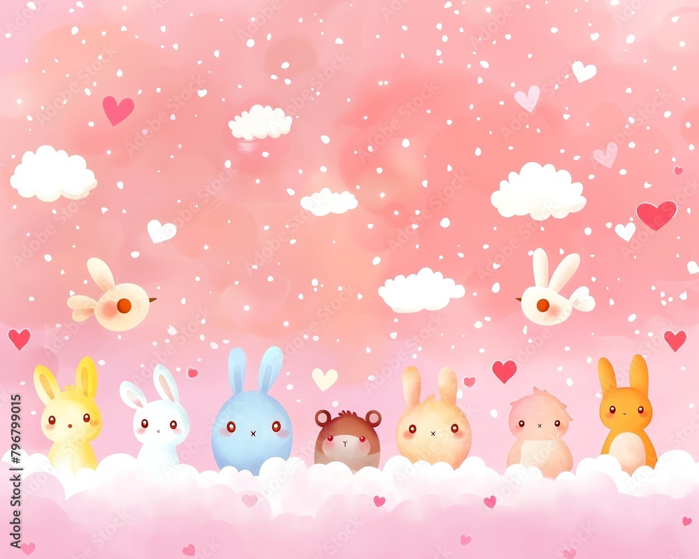 A cute illustration of a group of animals in the clouds A cute illustration of a group of animals in the clouds