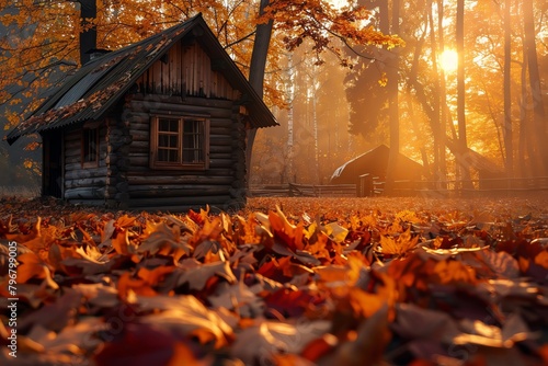 Wallpaper Mural A cozy scene of a small wooden cabin surrounded by fallen leaves in rich shades of amber and scarlet, with a soft, golden sunset lighting the background Torontodigital.ca