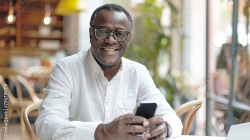 Smiling Man with Smartphone Indoors photo