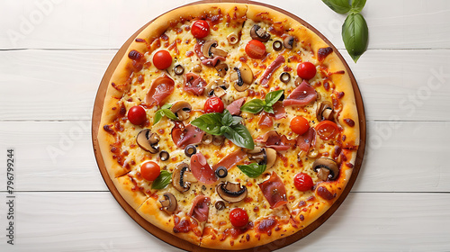 Top view VERY HOT Italian Pizza on white wooden table with mushrooms, basil, tomato, olives and cheese, Look as Prosciutto, Capricciosa, HOMEMADE PIZZA with decoration, Photo with space for text, 