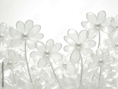 Pattern with delicate transparent gray flowers isolated on a white background. Card for Easter, Birthday, Valentine's Day, Mother's Day, Women's Day, wedding. Summer concept. Copy space, flat lay.