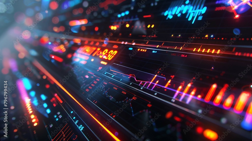 digital interface multicolored lights. Numerous lines, graphs, and numerical values displayed in bright neon colors against a dark background. Digital clock display in the center of the image digital interface multicolored lights. Numerous lines, graphs, and numerical values displayed in bright neon colors against a dark background. Digital clock display in the center of the image