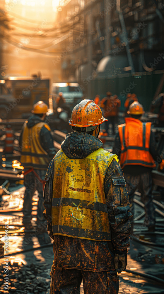 A group of construction workers are standing in a muddy area. They are wearing bright orange vests and hard hats A group of construction workers are standing in a muddy area. They are wearing bright orange vests and hard hats