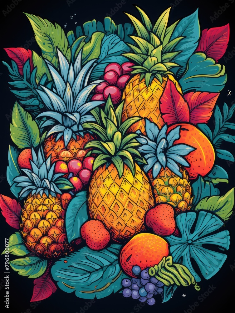 illustration a collection of tropical fruits, such as pineapples, bananas, and coconuts, intertwined with lush leaves and vibrant colors, AI Generative illustration a collection of tropical fruits, such as pineapples, bananas, and coconuts, intertwined with lush leaves and vibrant colors, AI Generative