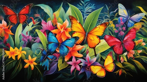 A portrait vibrant and colorful watercolor artwork showcasing a variety of exotic butterflies in a lush tropical garden, AI Generative